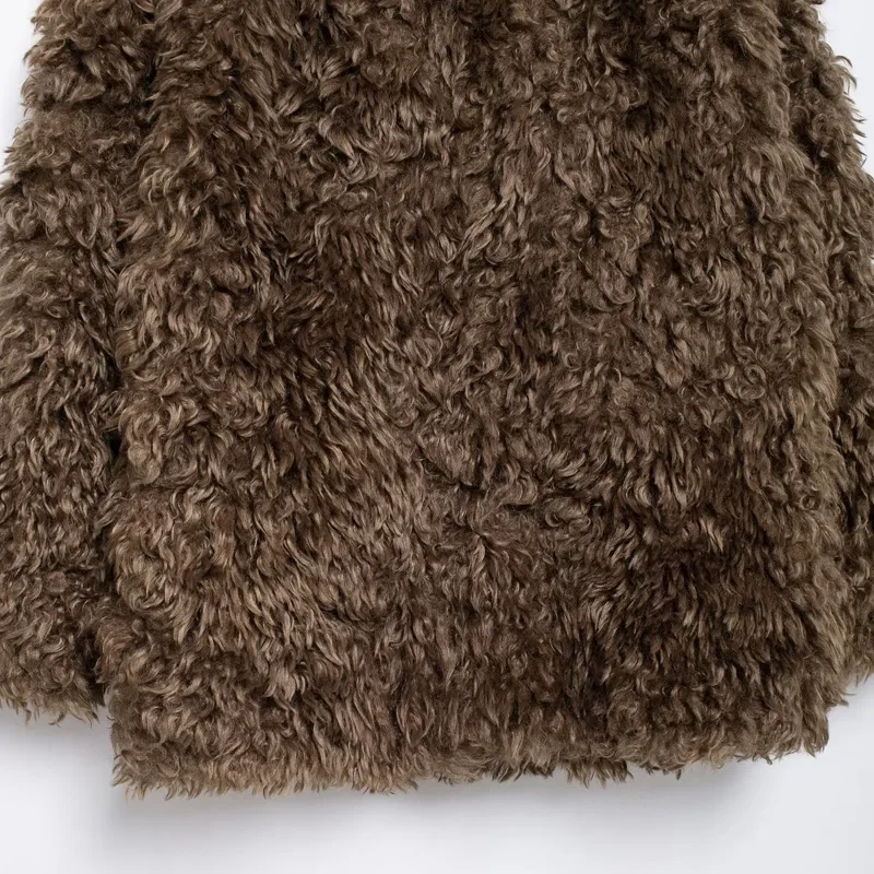 TRAF Fur Coat Women 2024 Woman Brown Teddy Jacket Women\'s Bomber Jacket Autumn Winter Fluffy Long Sleeve Outerwears Casual Coats