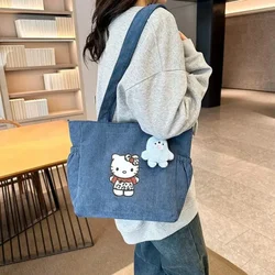 Sanrio HelloKitty Handbag Cute Kawaii Corduroy Printed Shoulder Bag Kt Catwoman Autumn Winter Large Capacity Student Storage Bag