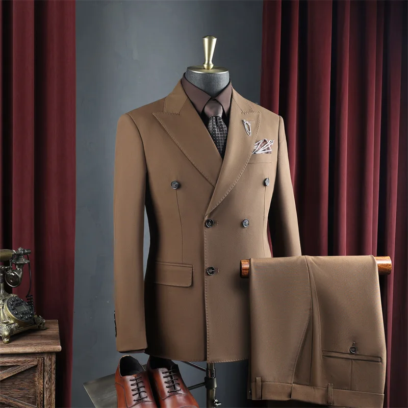 

Man Suits Turn Down Collar Double-breasted Blazer Male Solid Color Straight-leg Pant Men Simple Breathable Wedding 2-piece Set