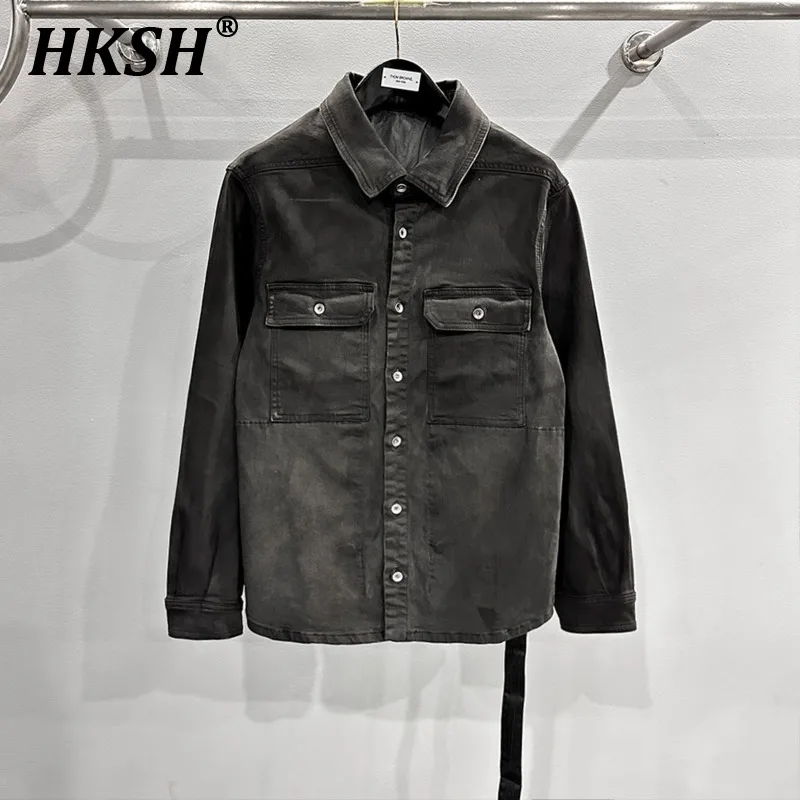 

HKSH Spring Autumn Winter New Men's Dark Retro Safari Style Heavy Craft Water Washing Buckle Shirt Jacket Chic Denim Coat HK2223