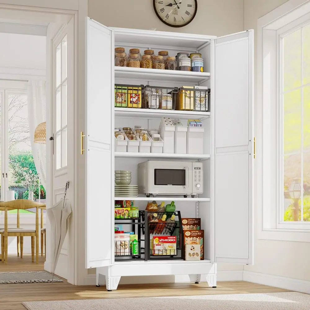 

71 Tall White Metal Storage Cabinet with 2 Doors & 4 Adjustable Shelves, Multifunctional for Kitchen, Office, Dining Room