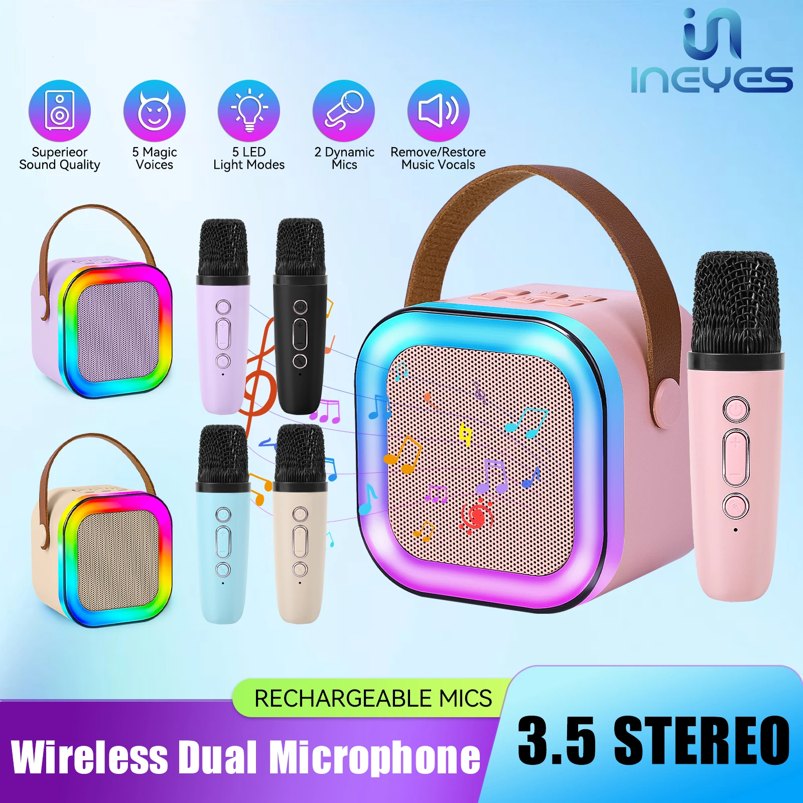 ﻿   INEYES جديد K12 آلة الكاريوكي مكبر صوت بخاصية البلوتوث قابل للنقل مع 2 ميكروفونات لاسلكية الأسرة الغناء مكبر الصوت للأطفال Gif