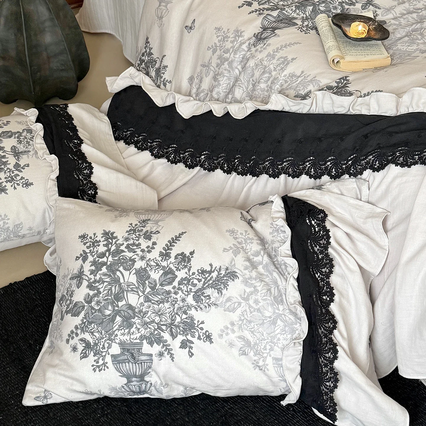 Vintage Floral Print Lace Ruffles 100% Cotton Double-layer Yarn Bedding Set Duvet Cover Flat/Fitted Bed Sheet Pillowcases 4Pcs