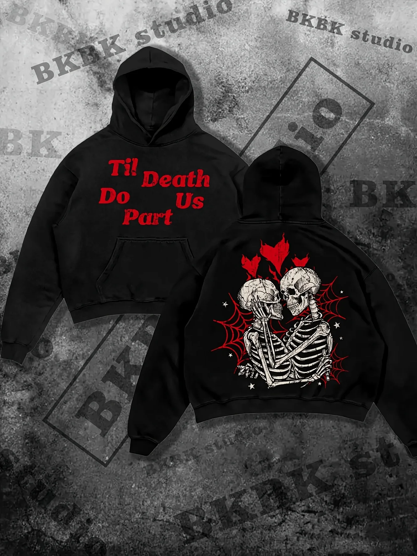 Men'S Gothic 'Til Death Do Us Part' Hoodie - Heavyweight 300G Black Sweatshirt with Skeleton Couple - Long Sleeve Pullover for Halloween, Valentine'S, Dark Theme Outfits - Machine Washable Winter.Jpg Design Street Trending Style Casual Love Lover Ho