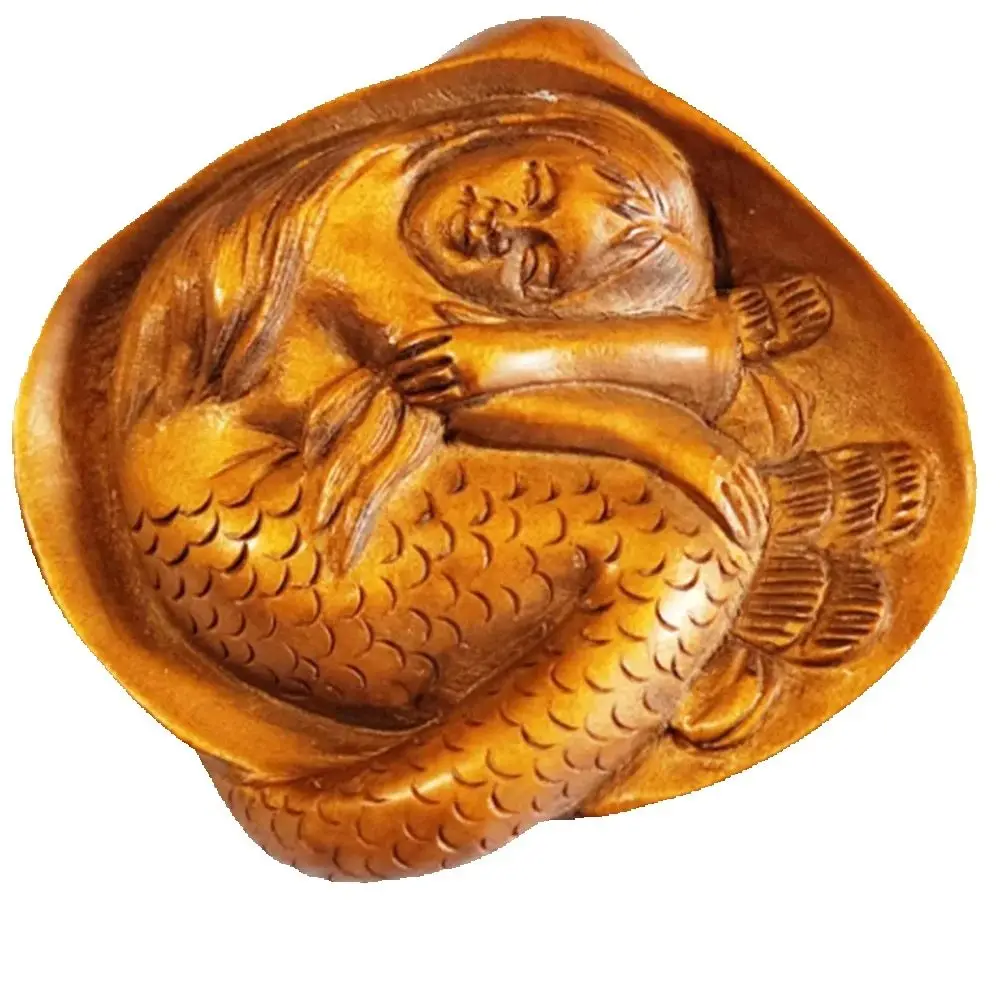 Y58, 2 INCH Japanse Buxus Handgesneden Netsuke Sculptuur Miniatuur: Mooie Zeemeermin in Schelp