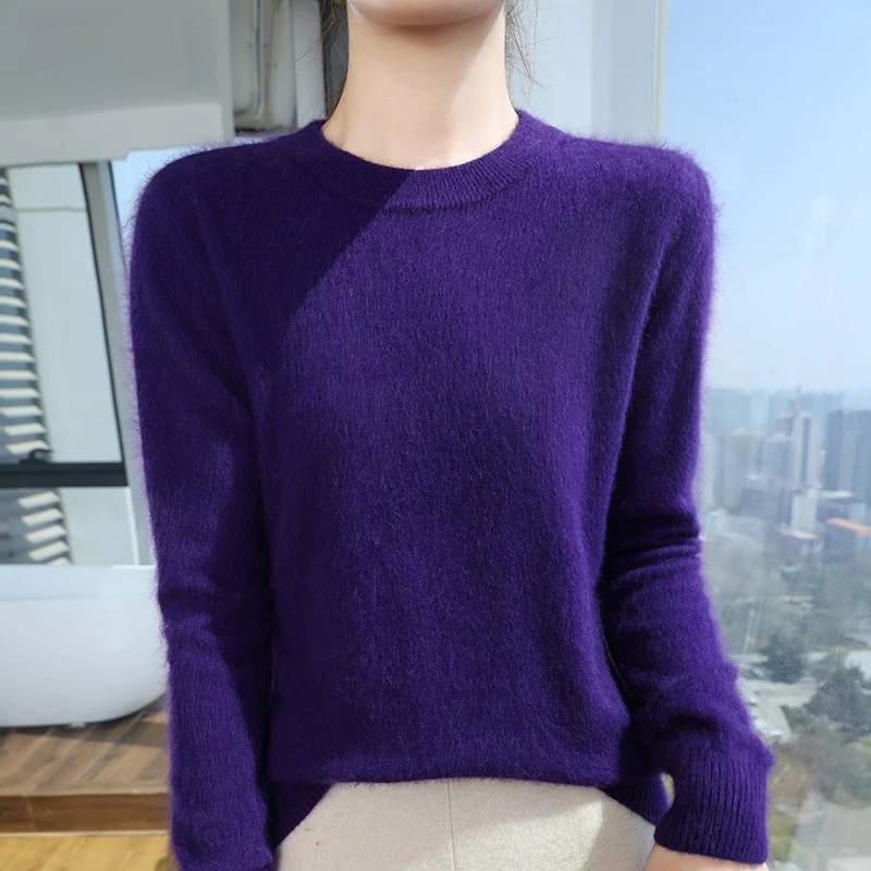 Flat Round Neck Pure Cashmere Sweater Women\'s Long Sleeve Tops 2024 Autumn and Winter Warm Loose Knit Pullover Solid Color Base