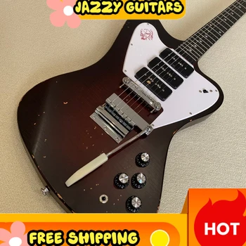 Gitara elektryczna w stylu Firebird w kolorze vintage wine red, potrójne przetworniki P90, mahoniowy korpus, mostek Maestro Vibrato, darmowa wysyłka, świetny prezent.