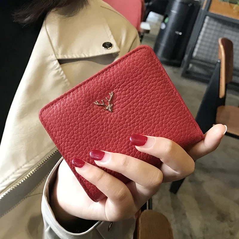 

New Fashion Folding Wallet for Women Solid Color Short Mini Wallet Female Christmas Deer Button Genuine Leather Coin Purse