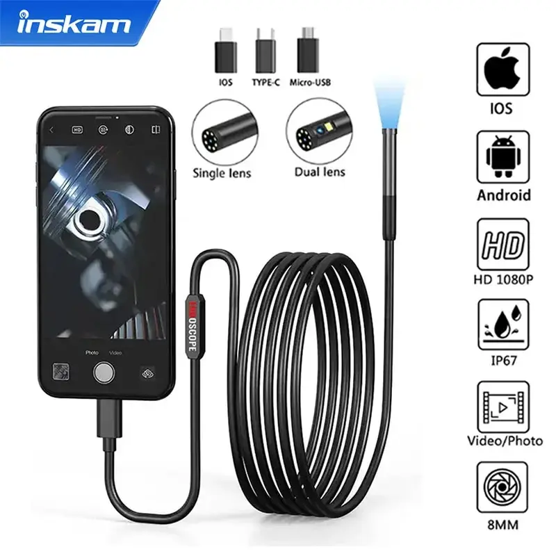 INSKAM Endoscope Inspection Camera for IOS Micro USB/Type-C Mini Inspection Camera for IOS iPhone Waterproof Pipeline Borescope