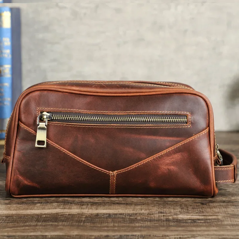 HTS-MC1004 Casual Cowhide Handbag, Retro Crazy Horsehide Multifunctional Grooming and Storage Bag