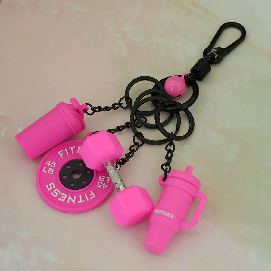 Noter 5 In 1 Fitness Keychain Gym Lover Barbell Dumbbell Weight Plate Sports Bottle Pendant Keyring Workout Bag Charm Pendant