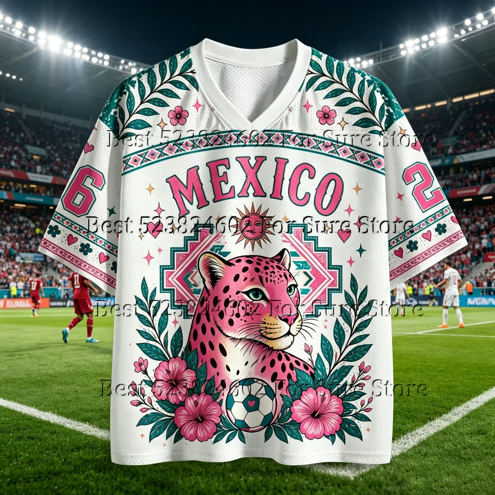 Camiseta de malla con estampado 3D de Pantera Rosa Mexicana para niños y adultos, estilo jersey, transpirable, estilo étnico, Y2K
