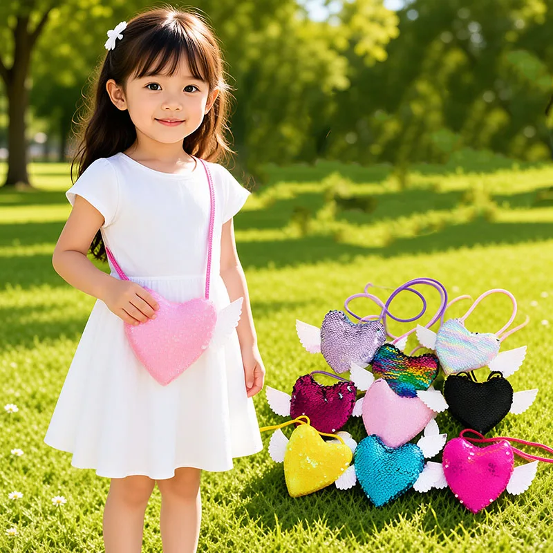 New Mini Cute Kids Tote Bag Decorative Heart Shape Sequin coin money card wallet Shiny Kids Coin Purse Bag