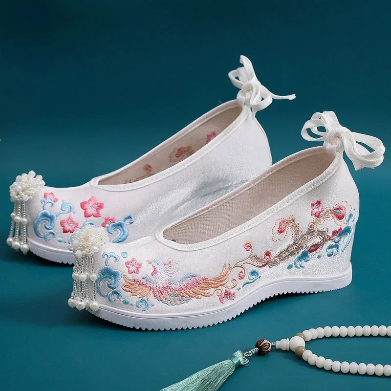 Embroidered Hanfu Canvas Shoes Women Internal Increase Ancient Fairy Chinese Style Lace-up Cloth Shoes Wedding Hanfu Shoes