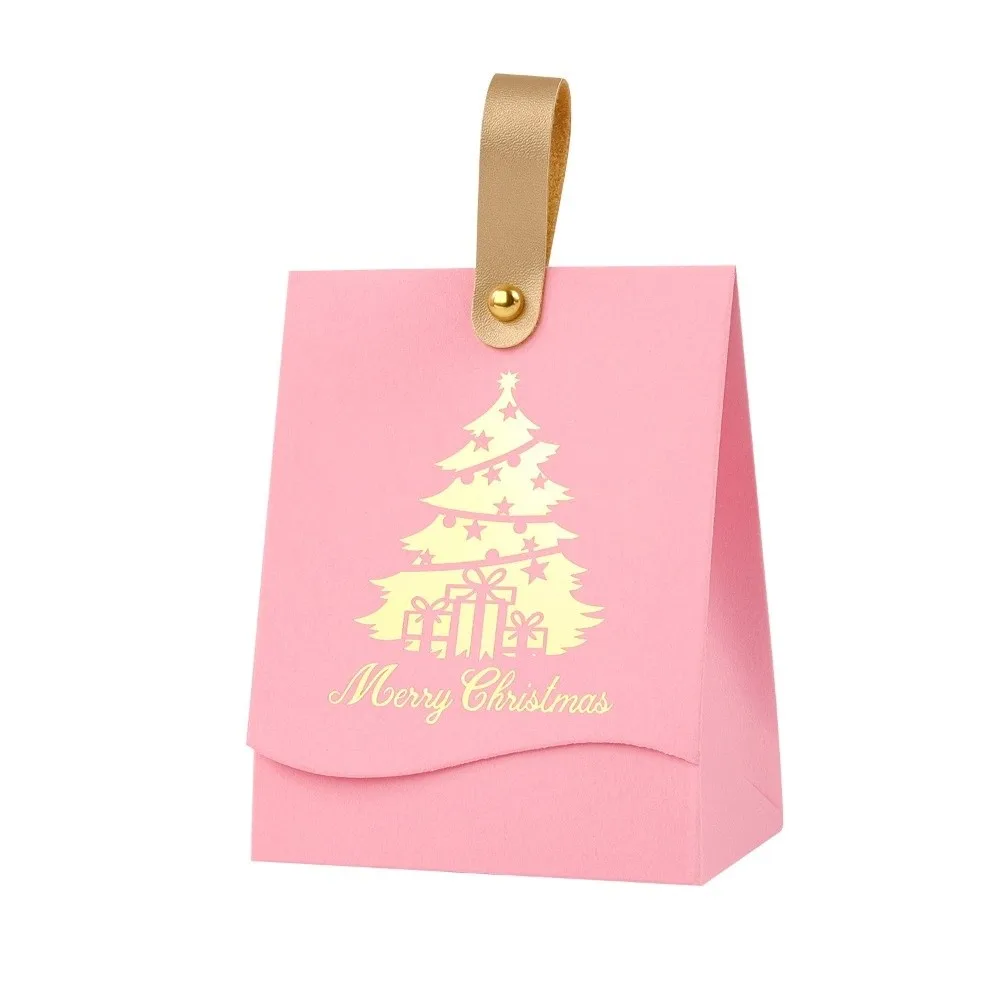 10pcs Leather Handles Christmas Gift Boxes Cardboard Xmas Tree Pattern Party Favor Bag Flap Top Surprise Gift Boxes Holiday Use