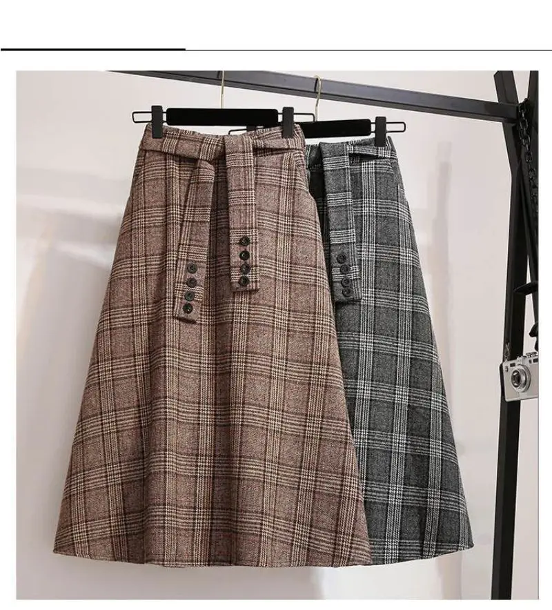 Khaki Plaid Vintage A-Linie hohe Taille Schnürknöpfe lose Damen rock Mitte der Wade lange Röcke für Damen bekleidung Mode – Detail 2