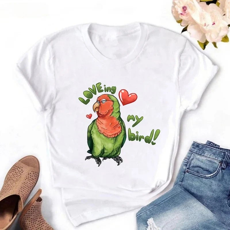 Kawaii Graphic Funny Parrot Print Women Top Harajuku Short Sleve Crew Neck Fashion Summer Soft and Comfortable Fabric Women Tee