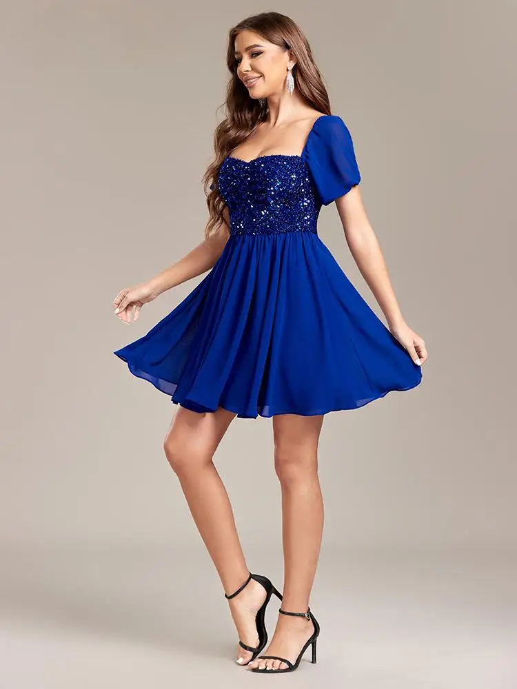 Beshinel Gaun Sifon Payet Sambungan Leher Persegi Biru Kustom Gaun Koktail Midi A Line Lengan Pendek Robes De Soirée