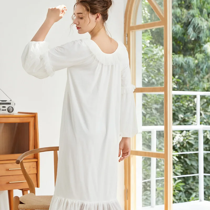 Women Long Sleeve White Mesh Nightgown Oversize Loose Princess Cute Bow Lace Pajamas Home Clothes Round Neck Nightdress Robe