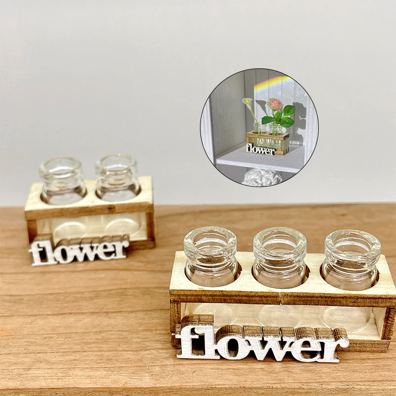 

1Set 1:12 Dollhouse Miniature Hydroponic Wooden Flower Arrangement Stand Mini Glass Flower Vase Model Home Garden Decor Toys