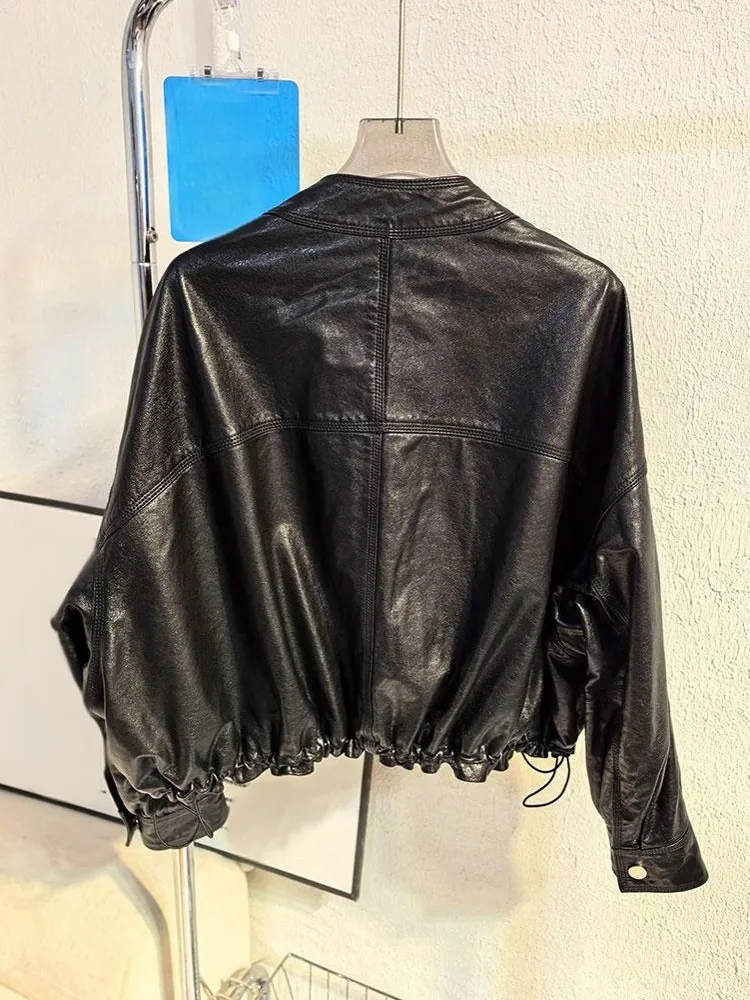 Weibliche Zipper V-ausschnitt Aus Echtem Leder Öl Wachs Jacke Lose Fit Frauen Design Motorrad Mantel Echte Schaffell Jacke Herbst Winter