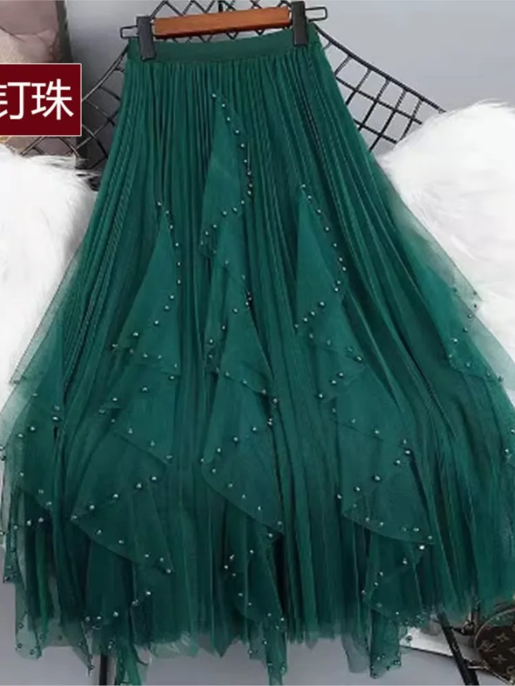 

New Women's Fashion Mesh Skirt Beaded Irregular Splicing Mid-Length Skirt Spring Autumn Elegant Female Versatile Long Skirt