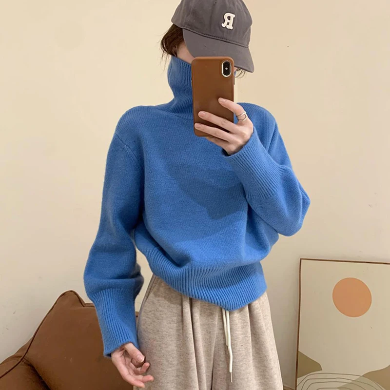 Rimcoy Blue Turtleneck Sweater Womens 2024 Autumn Winter Long Sleeve Knitted Pullover Woman Solid Color Al Match Jumpers Ladies