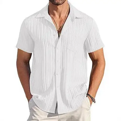 Men's Breathable Cardigan Shirt Short Sleeve British Style Striped Pattern Casual Comfortable Inner Wear for Summer