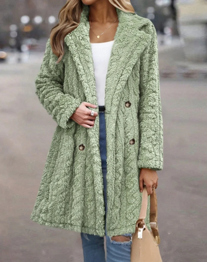 Women's Coat 2024 Winter Casual Cable Textured Lapel Neck Button Front Pocket Design Long Sleeve Oversized Thermal Teddy Coat