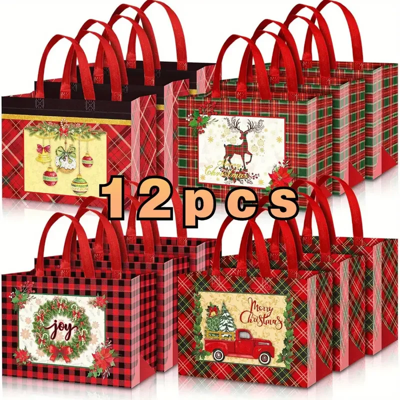 

12pcs Grid Christmas Deer Handheld Gift Paper Bag Christmas Tree Snowflake Cute Santa Claus Party Folding Bag Candy Packing Bag