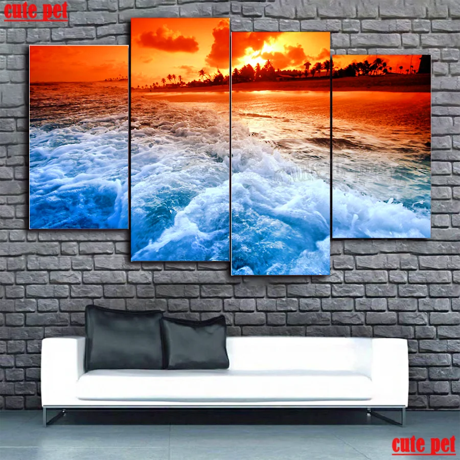 5d Round Diamond Painting Full Drill Square Sunset waves Mosaic Cross Stitch Sea view Decor Handmade DIY Embroidery Gift 4PCS