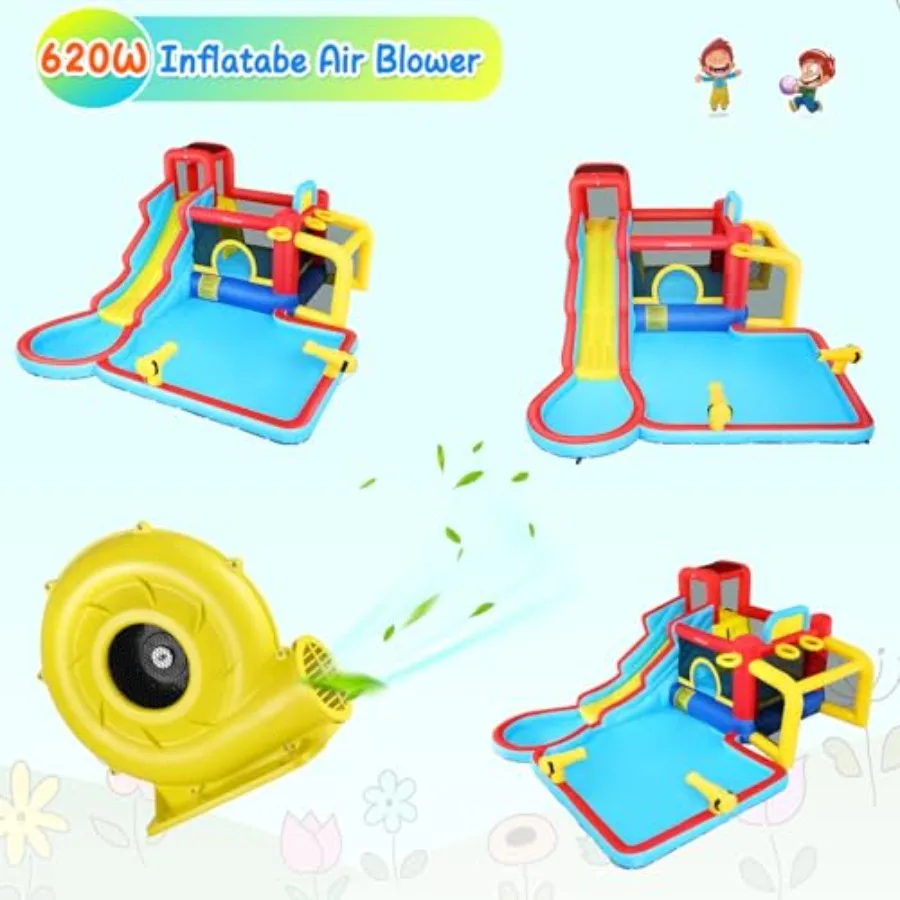 Water Slide Bounce House, Inflatable Water Slide Park with Blower, Family Backyard Jumping Castle Pool Bouncy House, Premium Qu