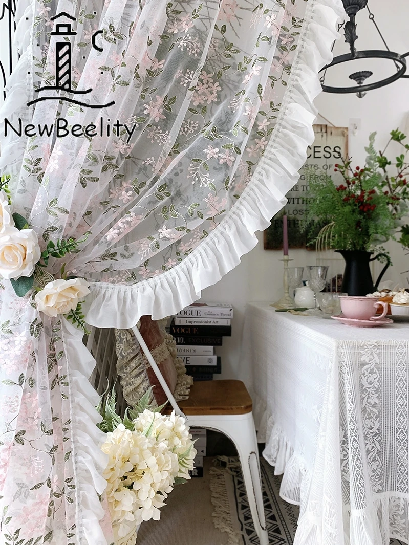 

French Pastoral Pink Flower Embroidery Lace Curtain Pleated Light-transmitting Living Room Balcony Decoration Lace Window Screen