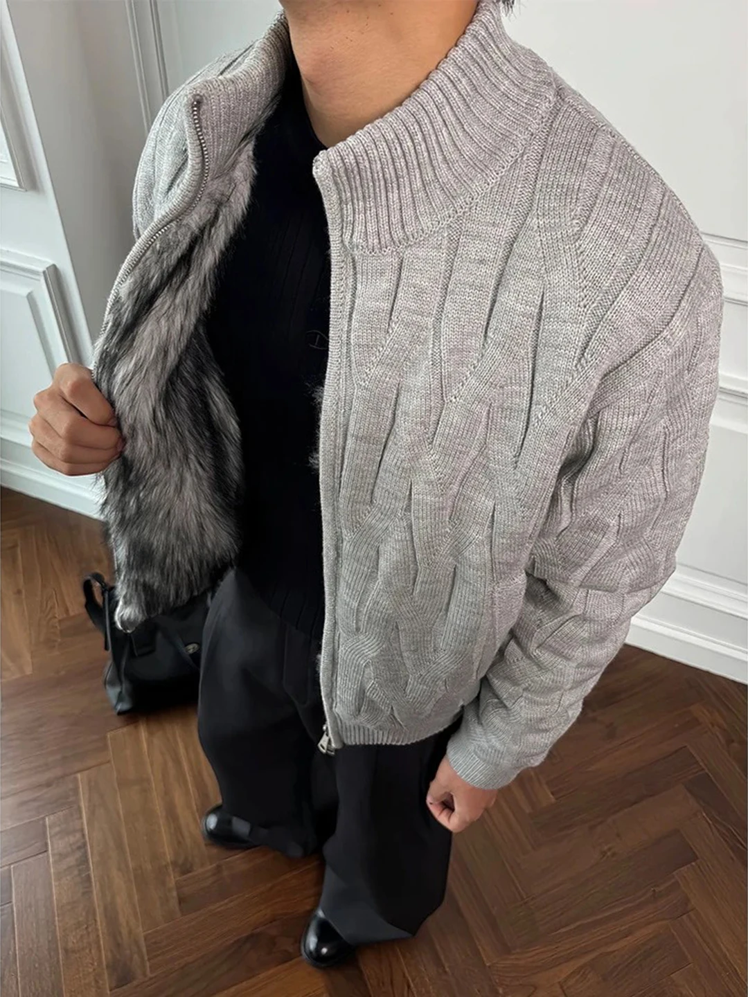 

Мужской вязаный свитер на флисовой подкладке с утолщением, летний повседневный стиль, на молнии, с длинным рукавом, воротник-стойка, кардиган из джутовой пряжи...