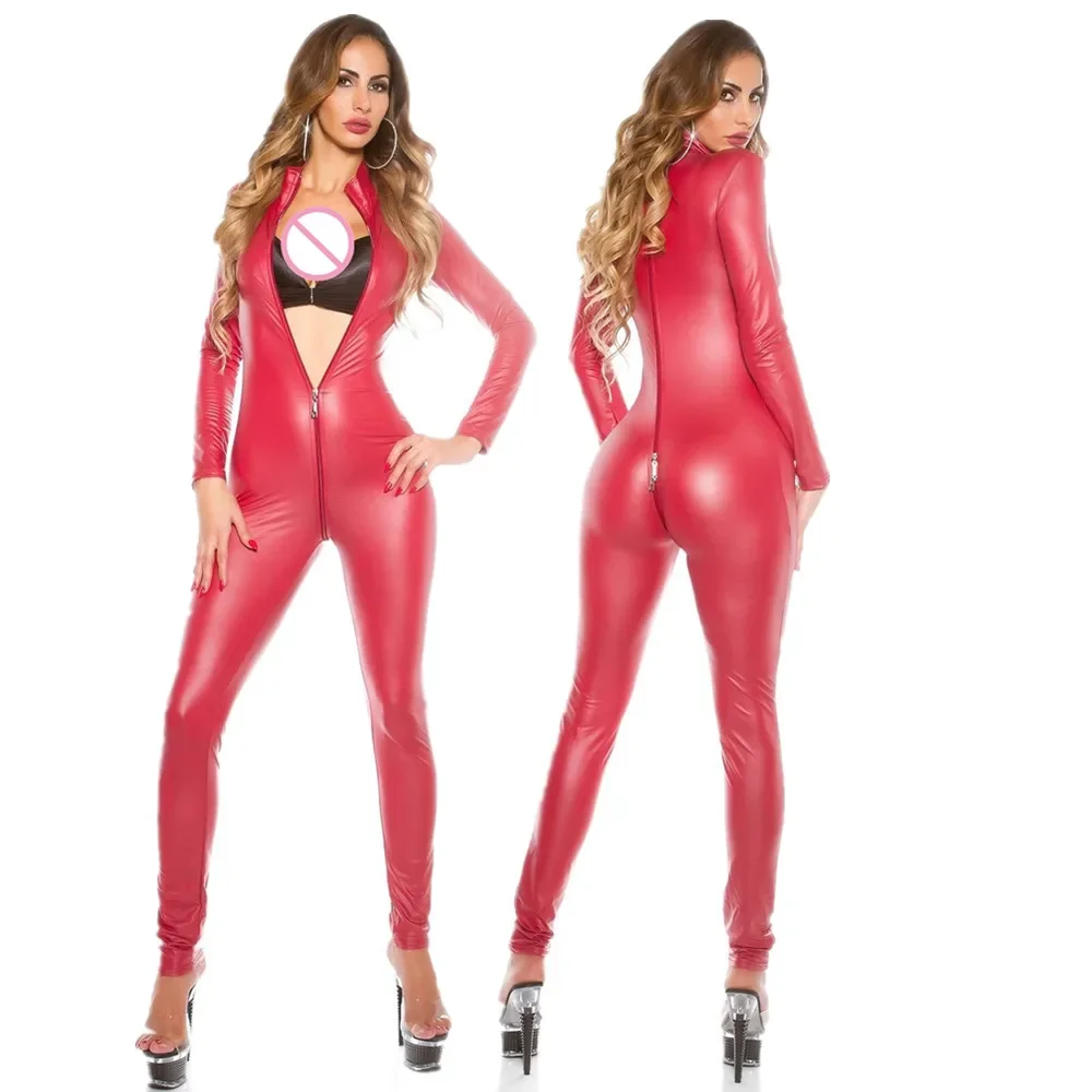 

Sexy Elastic PVC Latex Catsuit Red Black wetlook Faux Leather Bodysuit Night Club Erotic Wear Zipper Open Crotch Jumpsuit