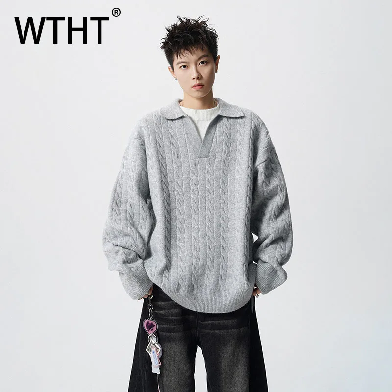 

WTHT Trendy Men's Spliced Fake Two-pieve Texture Loose T-shirt Fashion Turn Down Collar Long Sleeves Top Male 2025 Autumn 2A2221