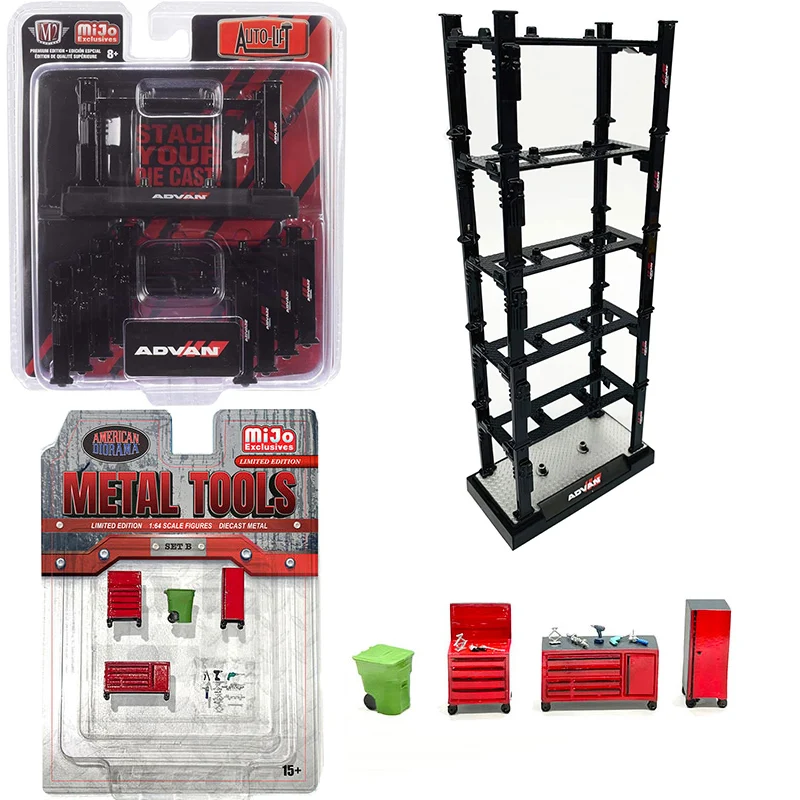 AD 1:64 โลหะผสมชุดเครื่องมือSTACKABLE Diecast Auto-Lifts 5 ชิ้นชุดสําหรับ 1/64 รถรุ่นขนาดโดยM2 การบํารุงรักษาฉาก