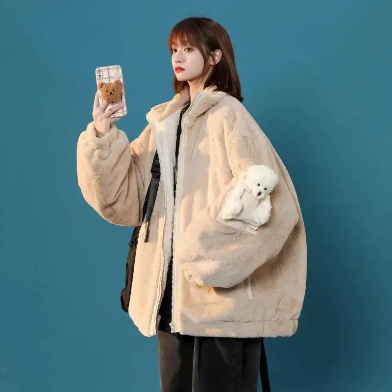 

Winter Warm Plush Cotton Clothes Coat Cartoon Bear Girls New Loose Fashion Oversize Cotton Padded Jacket Female Cute Thicken