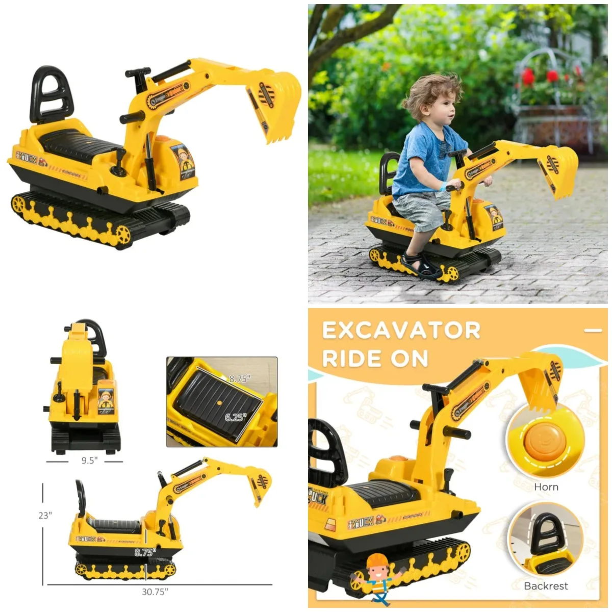 Zabawka dla dzieci - koparka z obrotowym łopatą, pojazd budowlany do jeżdżenia dla dzieci w wieku 3-8 lat, żółto-czarna