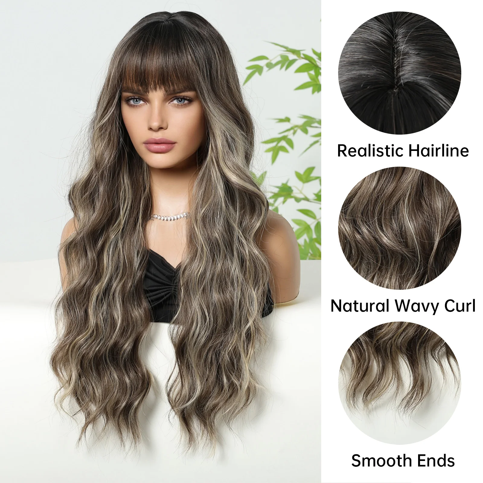 Balayage Brown Long Wave Perruques pour Femmes, Afro Synthétique Corps Ondulé Highlight Perruque avec Frange pour 03/Cosplay Chaleur Degré