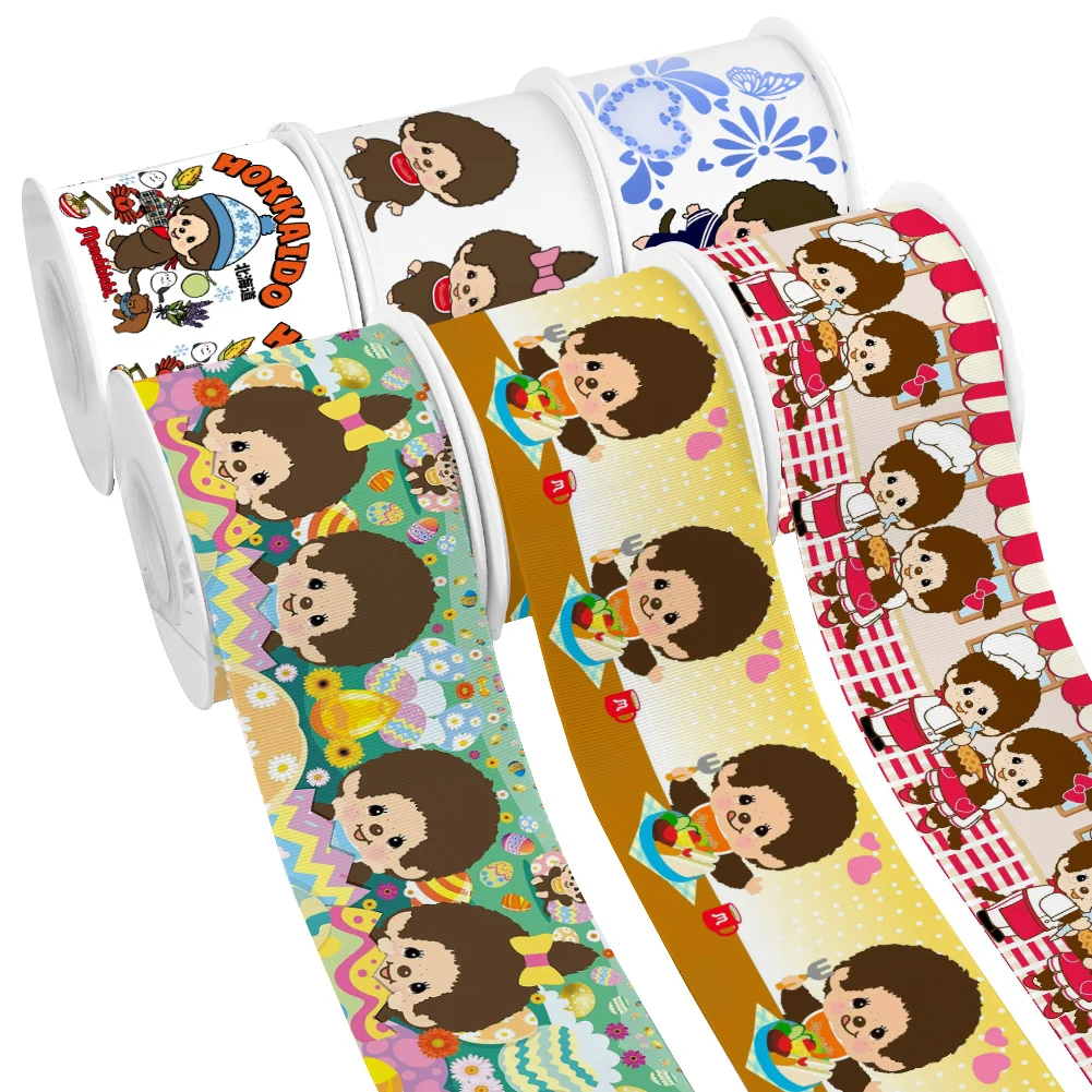 5yards Cute Monch Cartoon Dolls Boy Girl Printed Grosgrain Ribbon for Cheer Bows DIY Girl Headwear Hair Bows Satin Ribbon