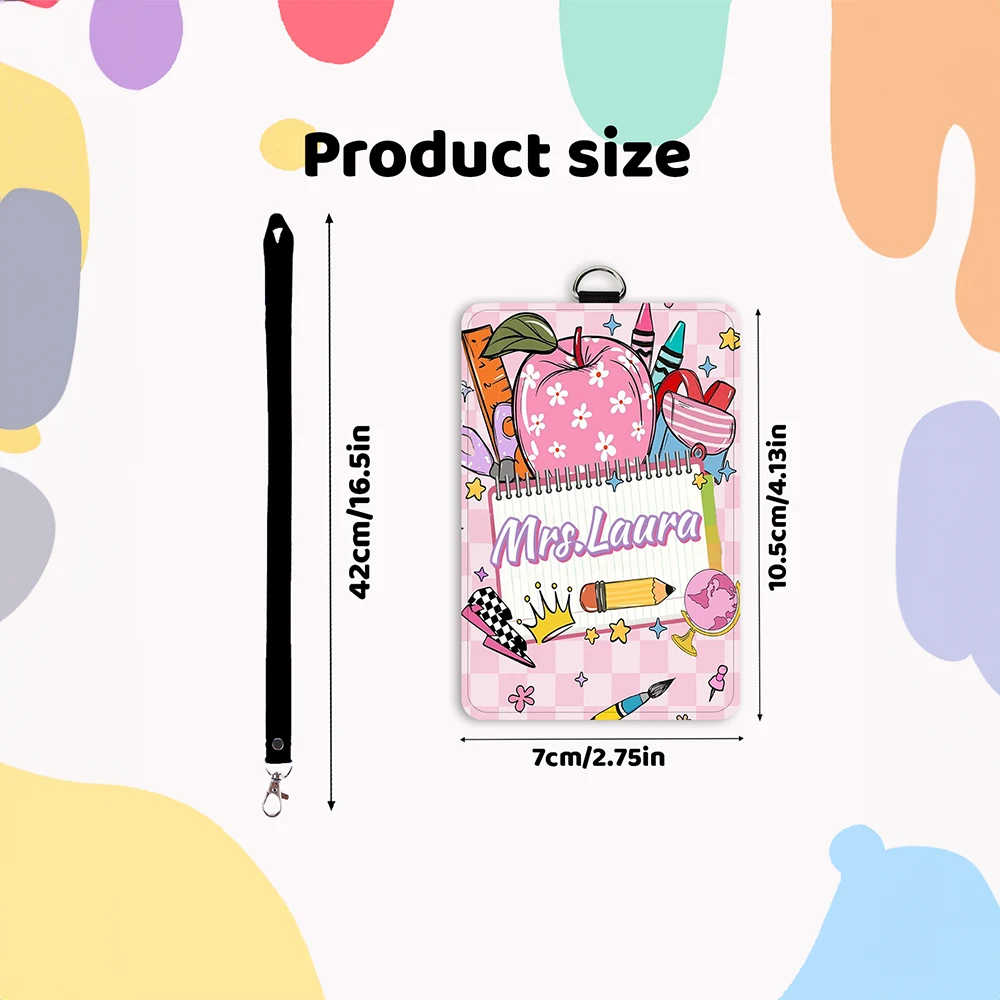 Custom Name Pink Apple Teacher ID Holder,Polyester Lightweight Lanyard Card Cover,New Semester,Campus Access Pass Organizer