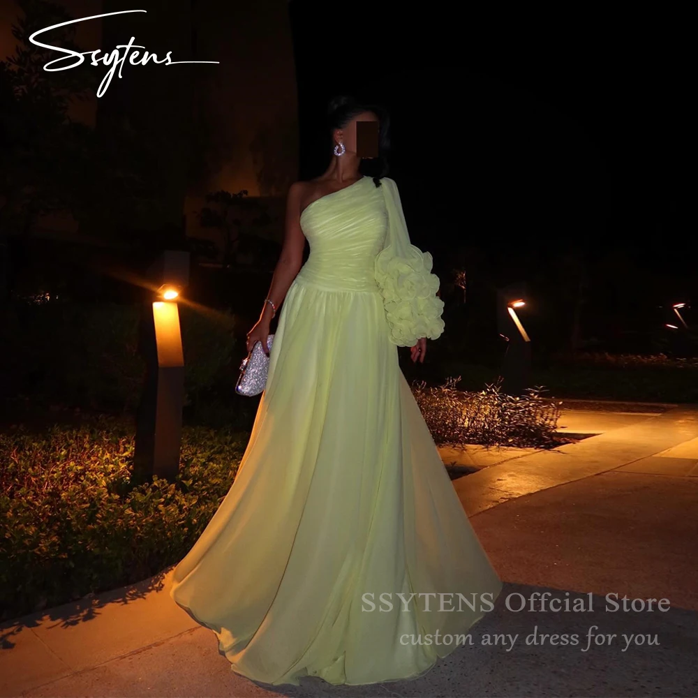 SSYTENS Saudi Light Yellow Chiffon Party Dress Women Elegant One Shoulder Evening Dresses Pleat Long Sleeves Vestidos De Gala