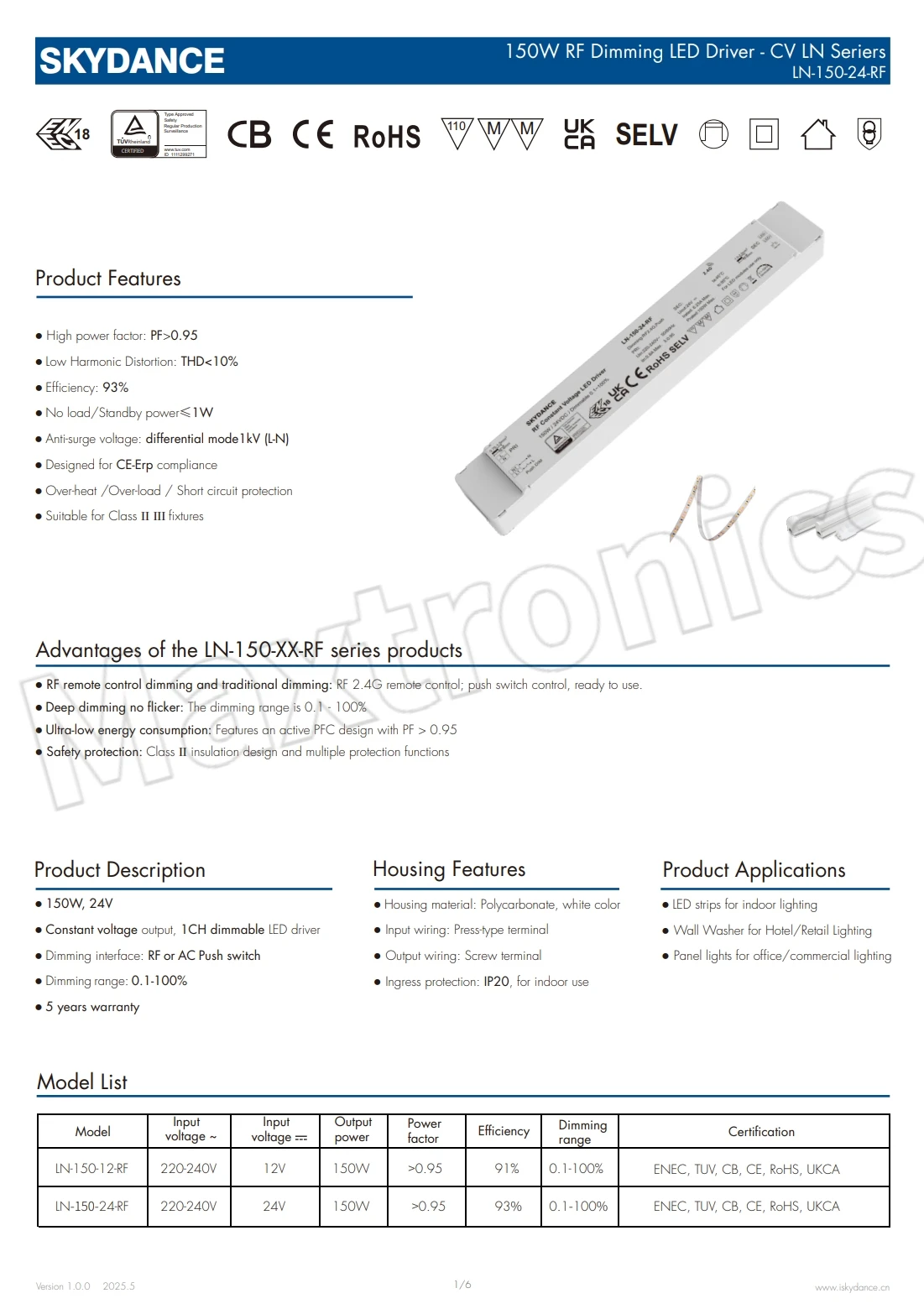 NEW DC12/24V LED Driver RF+Push Constant Voltage Dimmable Power Supply150W LN-150-12-RF/LN-150-24-RF for Led Strip Light/Modules