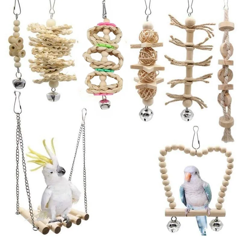 8-piece Set Parrot Toys Bird Perch Swing Wooden Color Bird Supplies  Biting Bird Toys