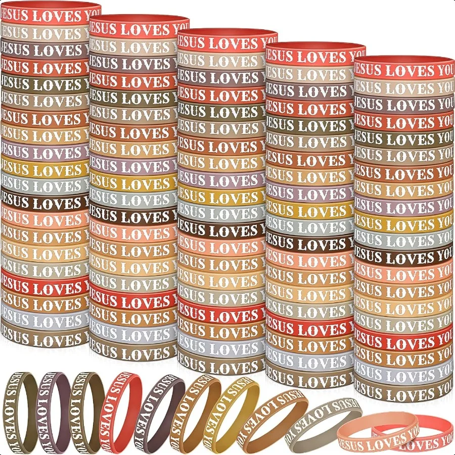 

100 Pcs Jesus Loves You Silicone Bracelet Colorful Rubber Wristbands Christian Bracelet Bulk Motivational Rubber Wristbands for