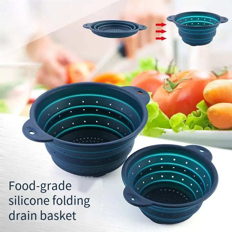 Collapsible Silicone Strainer Basket Heat-Resistant Expandable Colander Camping/Kitchen Round Foldable Vegetable Washing Bowl
