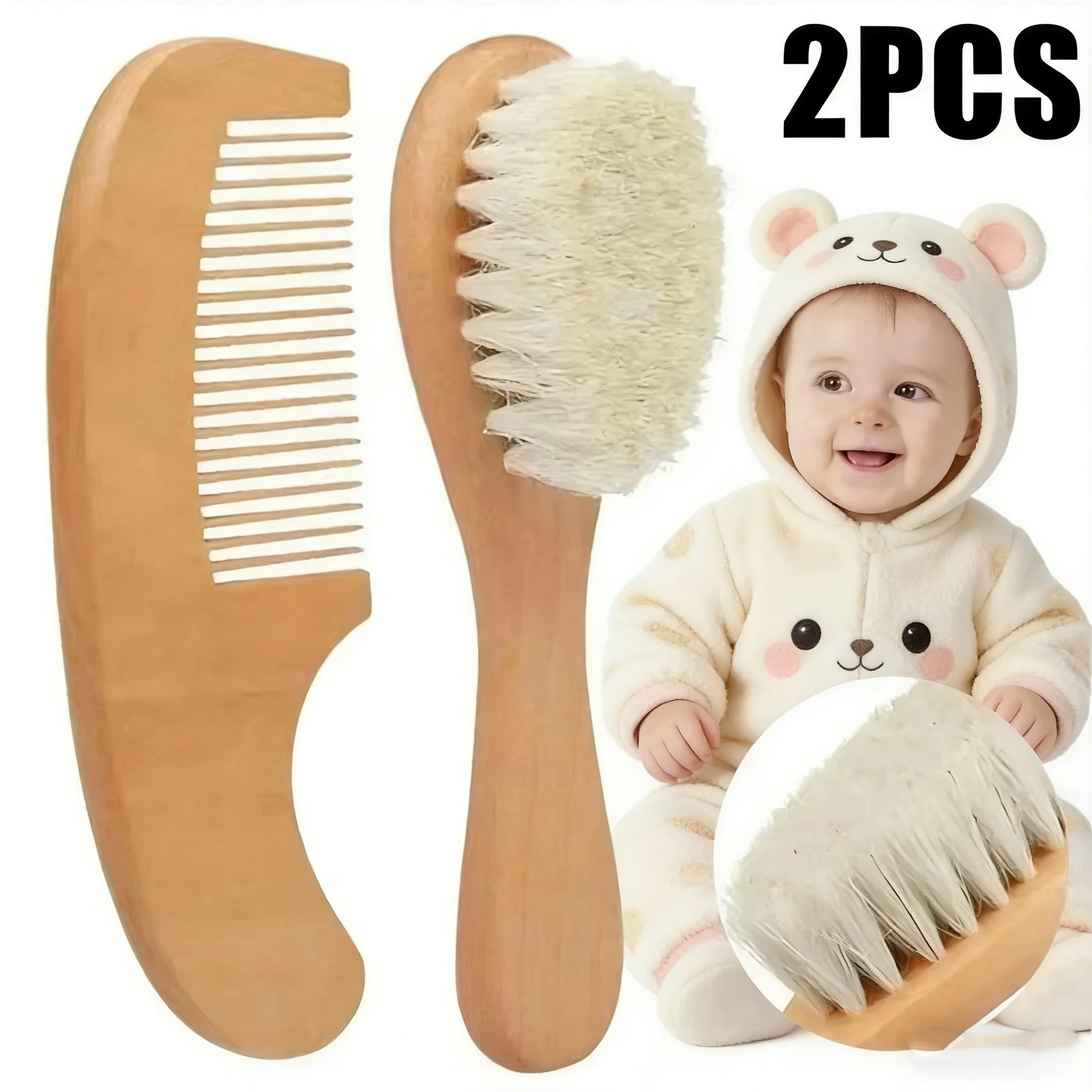 2PCS Newborn Wool Baby Wooden Brush Comb Newborn Hair Brush Infant Head Massager Portable Comb Hair Bath Brush Comb