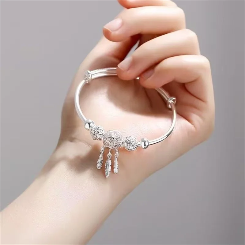 S999 Pure Silver Adjustable Push Pull Bangle For Women Hollow Dreamcatcher Feather Charms Carved Beads Solid Silver Wrist Jewelr