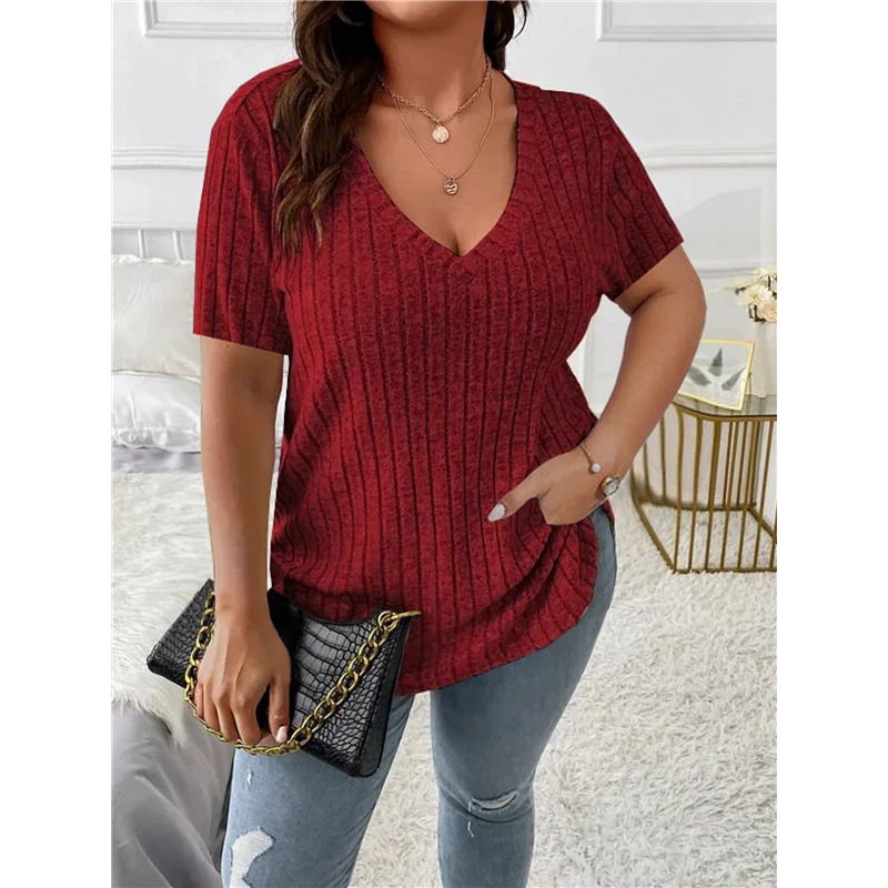 

ASDS-Women's Plus Size Casual Tops V Neck Solid Color Shirts Lightweight- Short Sleeve Blouses